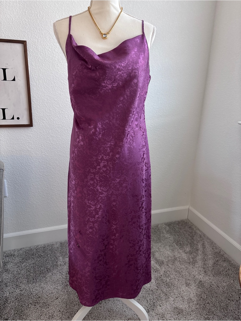 Source Unknown Plum Satin Slip Maxi Dress with Jacquard Floral
